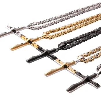 

Mutil-Color Top Design Stainless Steel Silver Color/Gold/Black Cross Crucifix Men's Pendant Necklace Byzantine Flat Chain 18-40"