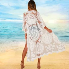 Lace Long Beach Kimono Cardigan White Cover Up Women Summer 2019 Boho Plus Size Clothing Bikini Outer Top Blouse Mesh Floral plus lace panel floral blouse