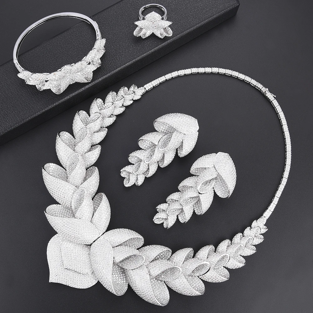 

Women Leaf Engagement Fashion Jewelry Cubic Zirconia Dubai African Wedding Jewelry Set Necklace Bangle Earrings Ring Set