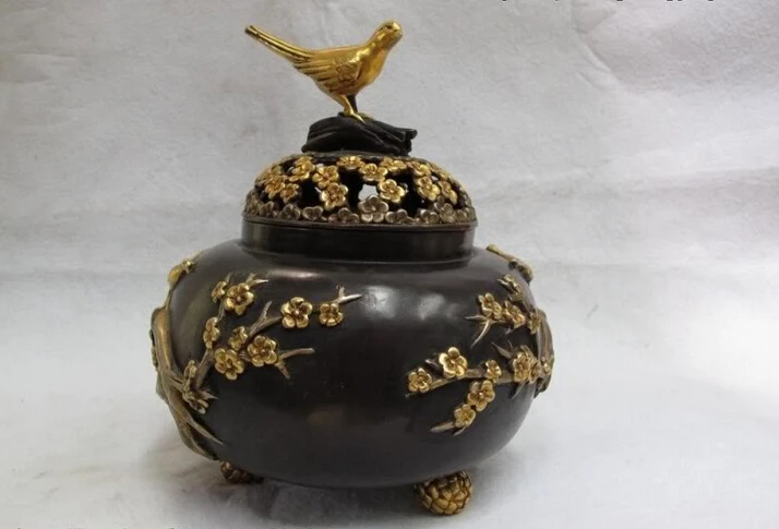 

Collectible bronze lion statue S0582 100% Pure Bronze 24K Gild Silver Buddhism pied magpie Plum flower incense burner B0403
