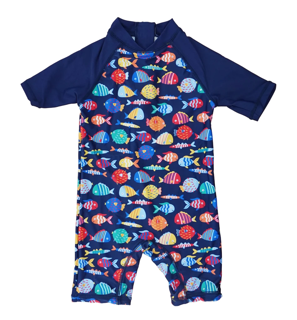 All in One Baby Boy Swimsuit One Piece UPF 50 Sun Protective Sunsuit with Sun Hat