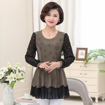 

Casual Plus Size Clothes Chiffon Long Sleeve T-Shirt For 5XL Women Camiseta Middle Age Mother O-Neck Printed Tops Slim Pullover