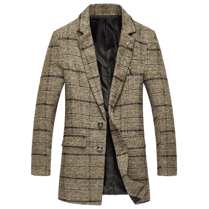 Men's autumn and winter classic plaid large size slim wool high-end long-length woolen coat / new boutique windbreaker - Цвет: Khaki