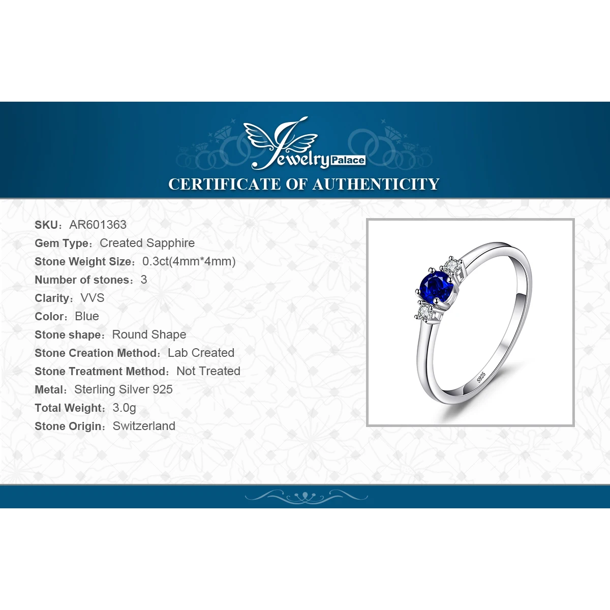 Jewelrypalace классический 0.5ct круглый создан сапфир 3 Камни Обручение обещание кольцо стерлингового серебра 925 Кольца для Для женщин