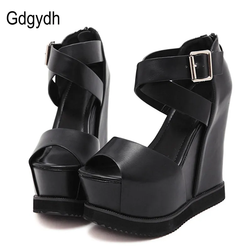 

Gdgydh Summer Fashion Wedges Sandals Woman Black Open Toe Zipper Buckle Lady Sandals Soft Platform Leather 2018 New Party Shoes