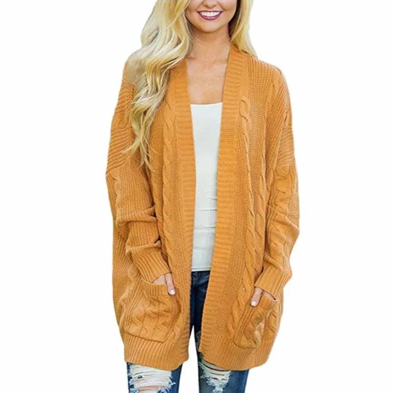 

Women Fashion Open Front Long Sleeve Knit Sweater Cardigan Ladies Casual Loose Pockets Twist Sweater Coat Outwear Tops Plus Si