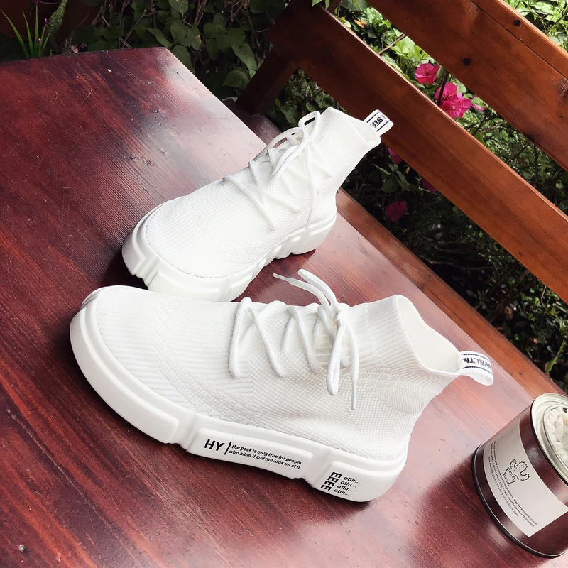 

High Top Women White Sport Shoes Woman Summer Socks Sneakers Health Lace up Running Walking White zapatillas deportivas mujer