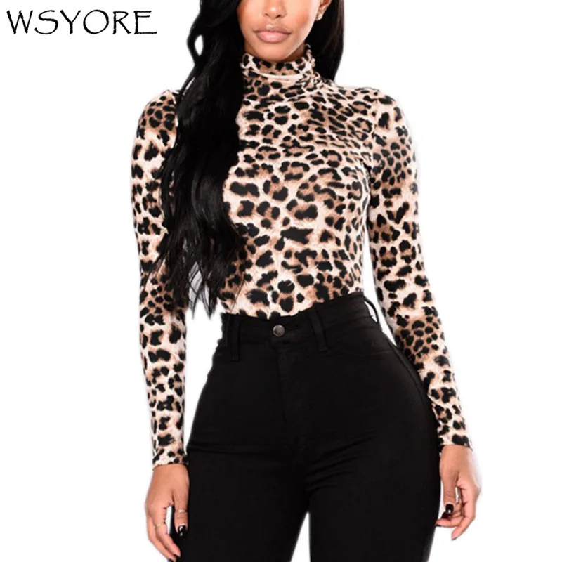 

WSYORE Sexy Long Sleeve Tops 2019 New Spring and Autumn Printed Leopard Slim Shirts Women Plus Size Turtle Neck T-shirt NS274