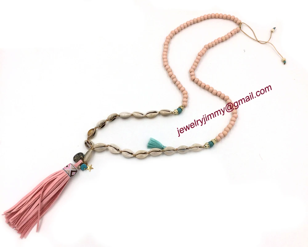 2017 New handmade statement wooden beaded long leather tassel Whisker Necklace pink leather tassel Bohemia  necklace