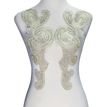 

1 pair Large Floral Long Mirror Pair Beads Hot Fix Rhinestone Iron on Patches Sticker Motif Embellishment for Garment T2421