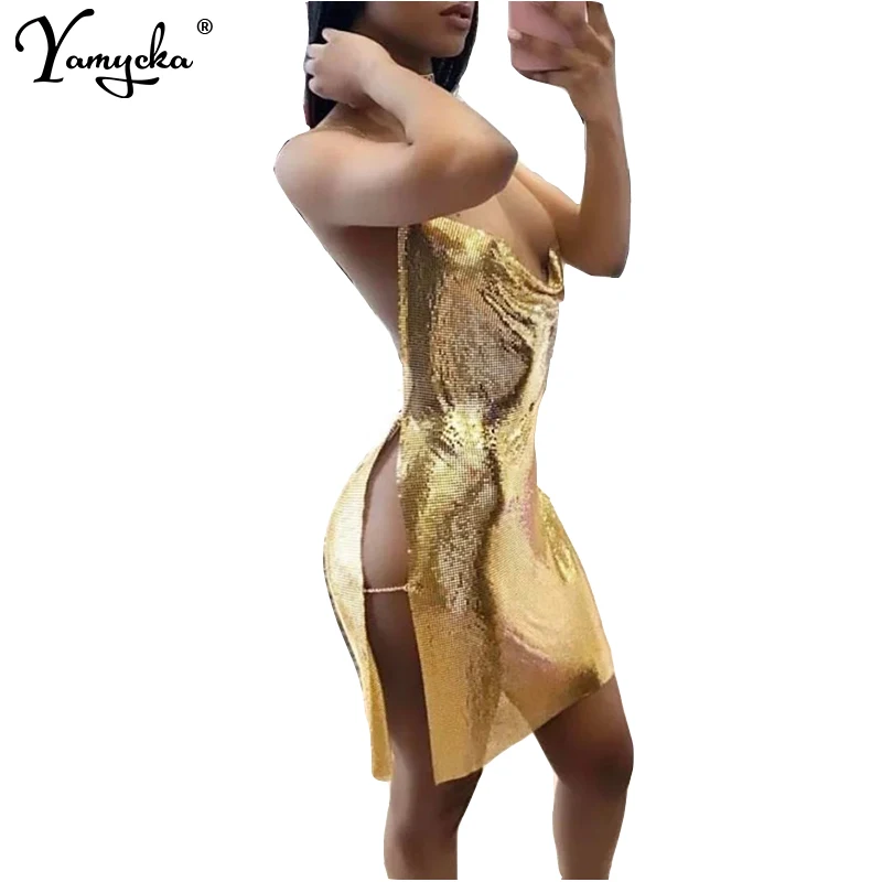 

Luxury Sexy Novelty Metal body chain Sequins Dress women Halter Split Backless Summer dress Night Club Party Dresses vestido Hot