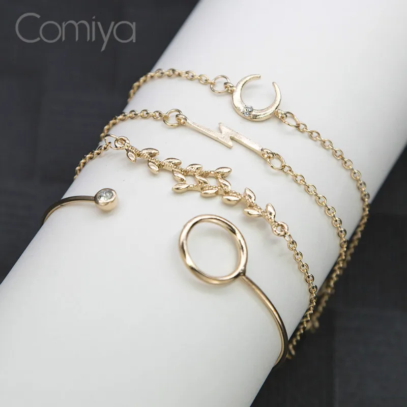 

Comiya Crystal Mosaic Moon Charms Alloy Bracelets Sets For Women Accessories Korean Bracelet Gold Color Leaves Pulseira Feminina