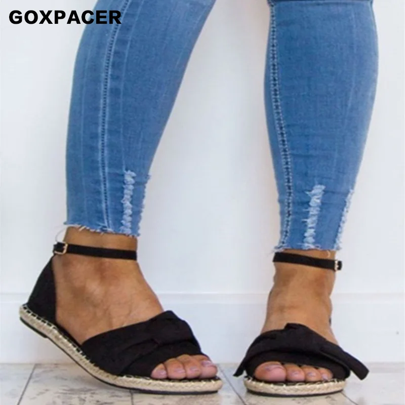 

GOXPACER 2019 Summer New Hot Style fashionable Women Sandals Flat Bow Knot Flower Hemp Rope Shoes Free Shipping