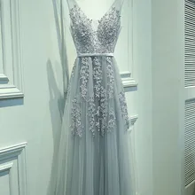 Сексуальное вечернее платье с v-образным вырезом, Robe De Soiree, высокое качество, Серый Тюль, вечерние платья с аппликацией, настоящая фотография, vestido de festa