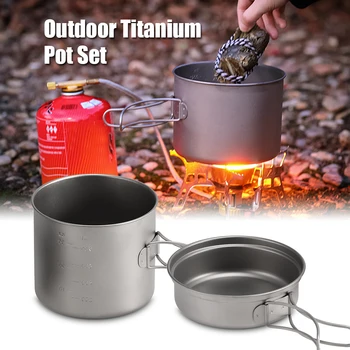 

1100ML / 1600ML Titanium Pot Pan Set Super Lightweight Camping Cookware Set Portable Cooking Tool with Folding Handle