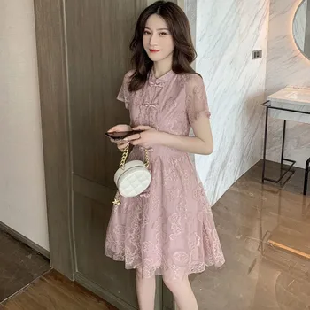 

2020 summer women dress pale pink lace cheongsam chinese traditional elegant girl female qipao party wedding dress