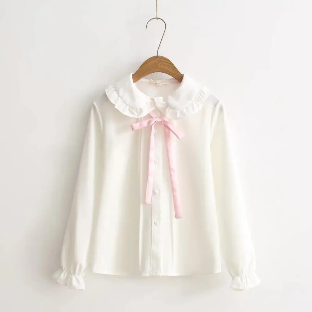 Baratos 2019 blusas Lolita para mujer blusas de Otoño de manga larga cuello peter pan Rosa bowknot blusa blanca camisa de la escuela japonesa