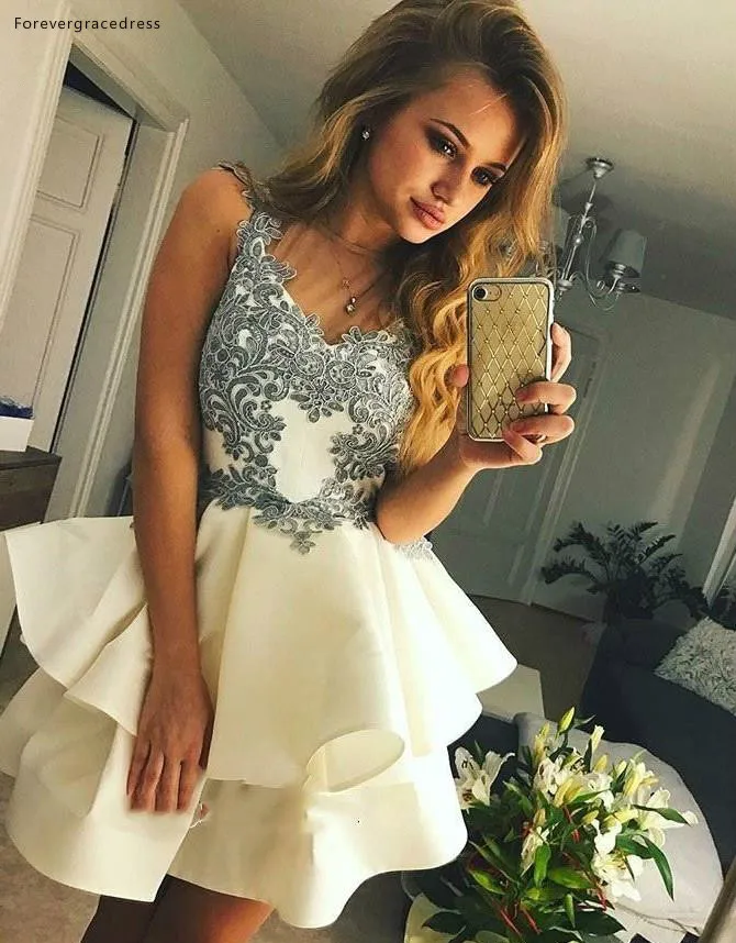 2019 RUffle Layered Skirt Mini Short Cocktail Dress Sheer Neck A Line Appliqued Junior Prom Homecoming Gowns Graduation Dress BC1637  110 (1)