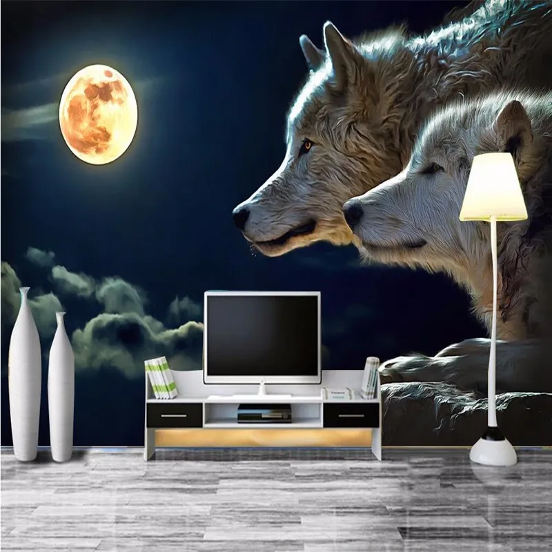 wall-decor-paper-3D-Night-bright-round-moon-wolves-attack-room-dining-room-hotel-wall-covering