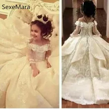 Платья цвета шампанского с открытыми плечами для девочек, держащих букет невесты на свадьбе; Детские пышные платья; платье для причастия; Одежда для девочек со шлейфом