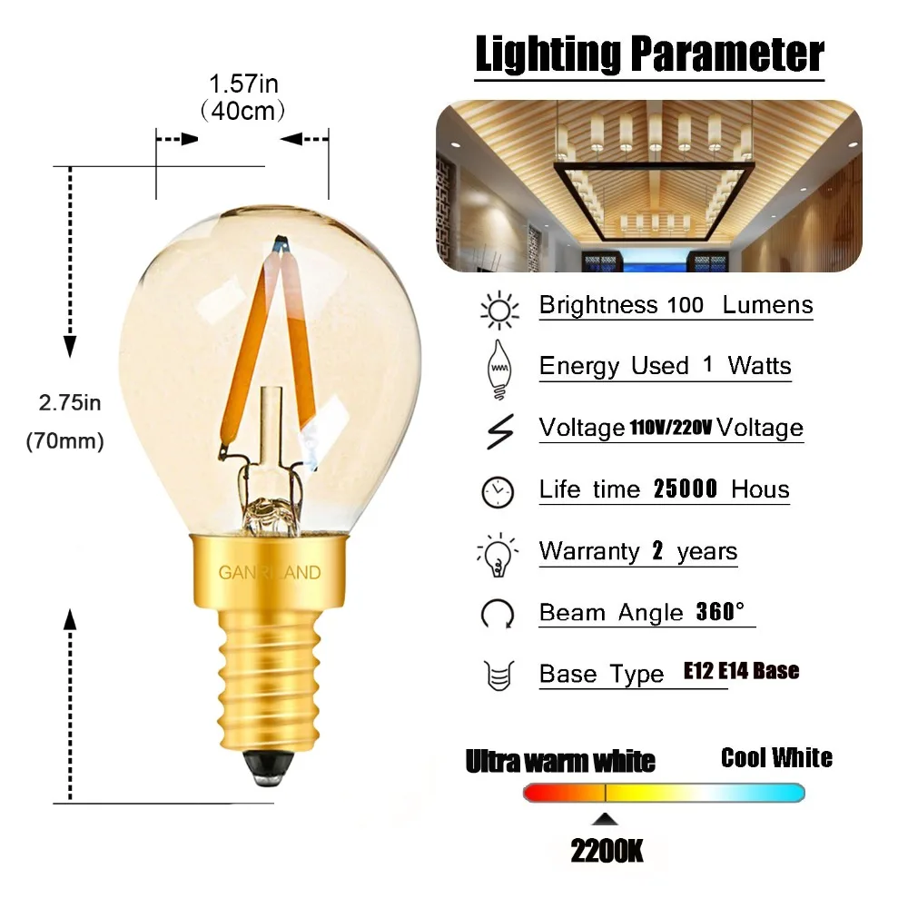 Золотой оттенок G40 мини-Глобус лампа 1 Вт 2200 K Edison старинная светодиодная нить лампочки E27 E12 220 V E26 110VAC Строка Светодиодный свет с регулируемой яркостью