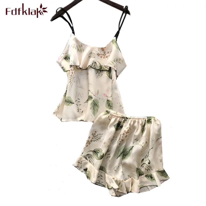 Fdfklak New 2018 Pyjamas Women Sexy Silk Pajamas Set Spaghetti Strap Shorts Summer Pijama Suit Print Home Clothes for | Женская одежда