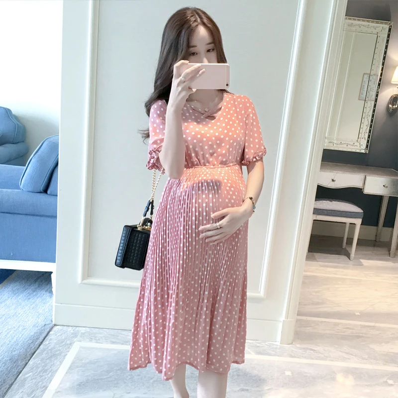 

Maternity Summer Dress 2019 Summer Fashion Women Pregnant Maternity Nursing Long-Sleeved Polka Dot Dress With Long Chiffon