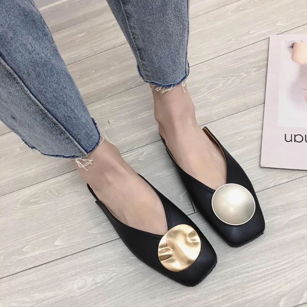 

Women Circle Buckle Mules Pearl Slip Ons Flat Heel Slides Lady Spring Summer Travel Holiday Slippers Square Toe