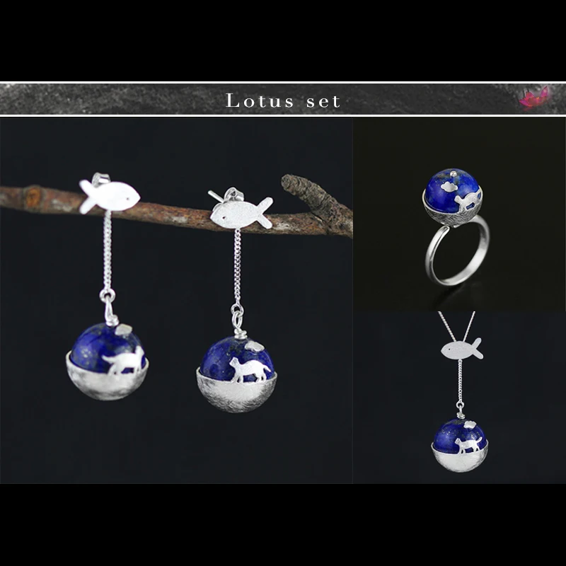 

Lotus Fun Real 925 Sterling Silver Handmade Designer Fine Jewelry Cat's Dream Jewelry Set with Ring Earring Pendant Necklace