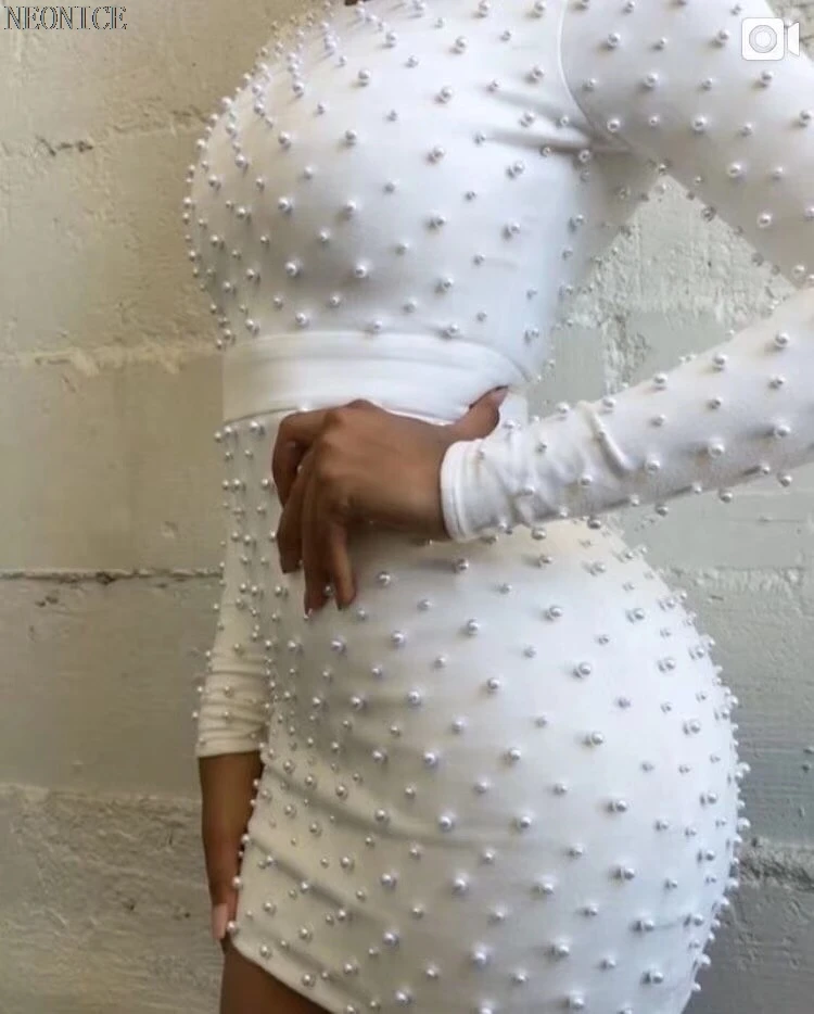

2018new Elastic bandage dress tight nightclub socialite birthday party fashion sexy package hip leisure long-sleeved white beads