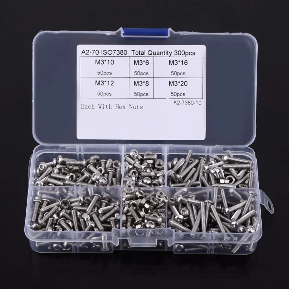 

300pcs/set Stainless Steel SS304 Button Head Hex Socket Screws Assortment Kit M3 Nut & Bolt Set Fastener Repair Tool Accessory