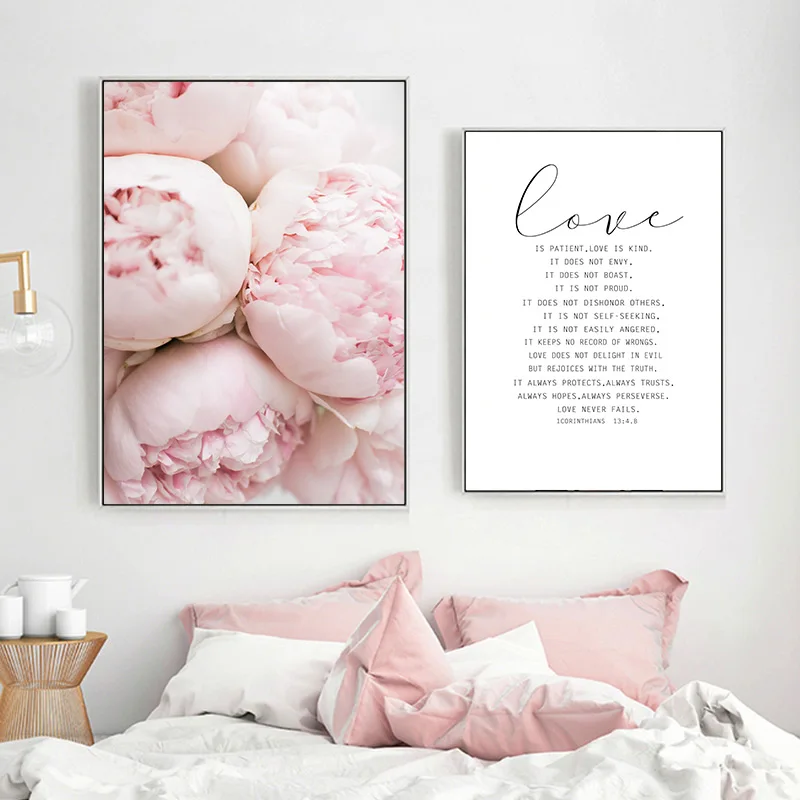 Peony Flower Canvas Poster Beauty LOVE Quotes Wall Art Painting Nordic Style
