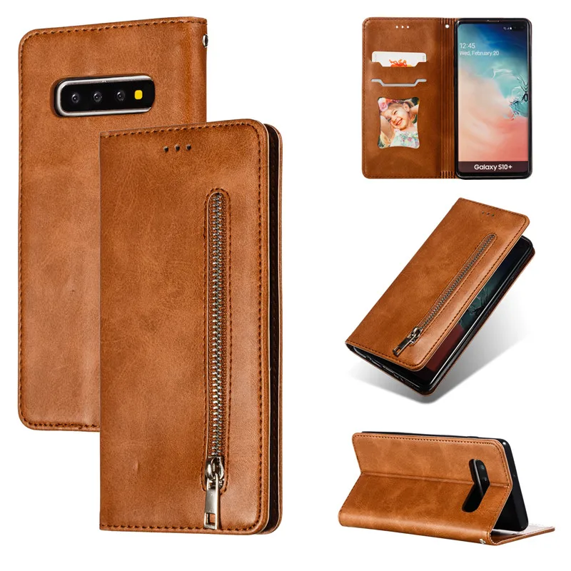 

Leather wallet phone case for Samsung Galaxy S7 S8 S9 S10 PLUS E short lanyard bracket bank card slot magnetic zipper flip cover