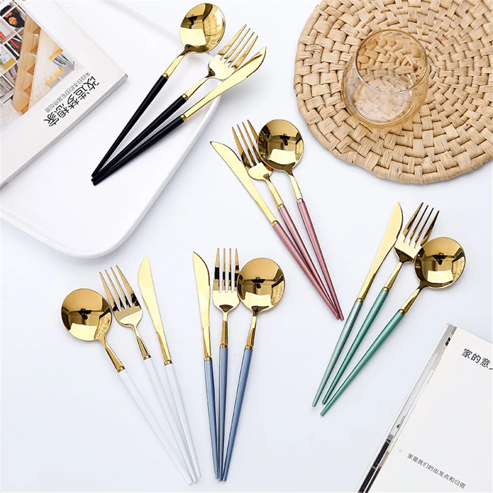 

Luxury 304 Stainless Steel Tableware Set Smooth Gold Sliver Pink Western Food Dinnerware Sets Knife Forks Spoons Cutleries 4pcs