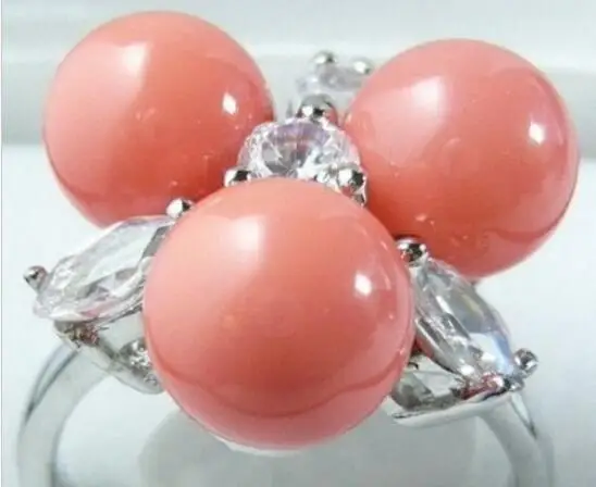 

Hot sale new Style >>>> Pink Coral 3 Beads 18KWGP Crystal Ring Size: 7.8.9