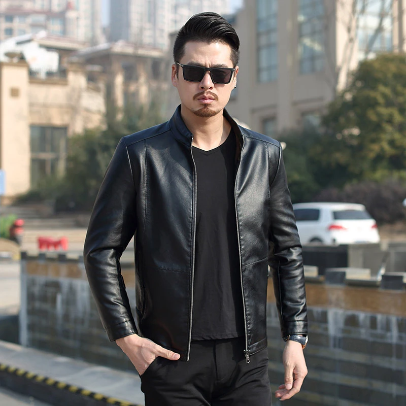 Chaquetas de cuero para hombre finas primavera 2019, elegante Color sólido Delgado hombres de cuero PU hombres chaqueta motocicleta ropa Top|Abrigos de piel -
