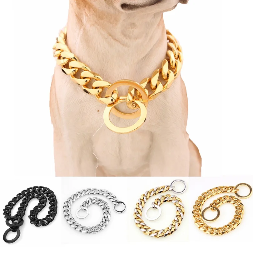 

Pet Jewelry Dog Gold Chain Collar 15mm 14-26" Wide Tone Double Curb Cuban Rombo Link 316L Stainless Steel Wholesale 2019