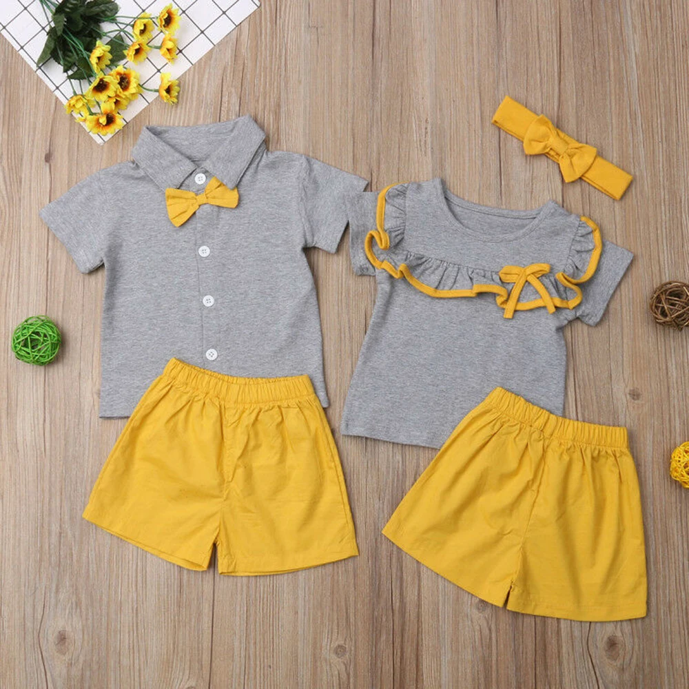 Комплект одежды для малышей, футболка с надписью «Big/Little Sister Brother» и шорты Одинаковая одежда для семьи летняя семейная одежда, однотонные футболки, От 0 до 3 лет