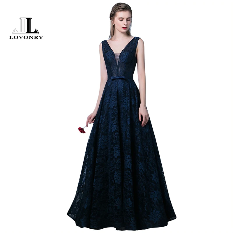 

LOVONEY Sexy Deep V-Neck Backless Evening Dress Long Lace Dress Evening Party Gown Formal Dresses Women Occasion Dresses YM302
