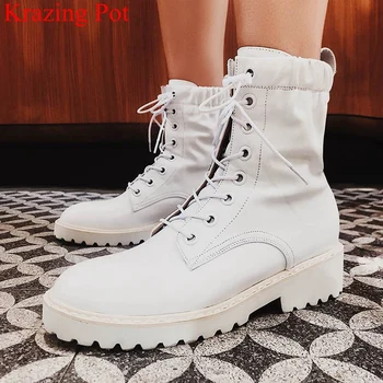 

superstar big size cow leather round toe lace high heels women ankle boots concise motorcycle boots vacation winter shoes L61