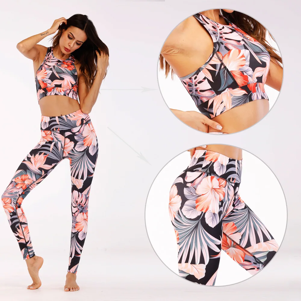 

Flowers Printing Tracksuit High Waist Yoga Sets Fitness Push Up Top Sport Suit Women Gym Legging Sport Femme Camo Seamless Suit