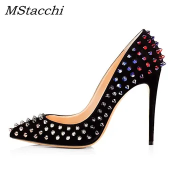 

MStacchi 2019 Spring Fashion Hot Sale Party Pointed Toe Stiletto Shoes Woman Sexy High Heels Rivets Women Shoes Plus Size 35-45
