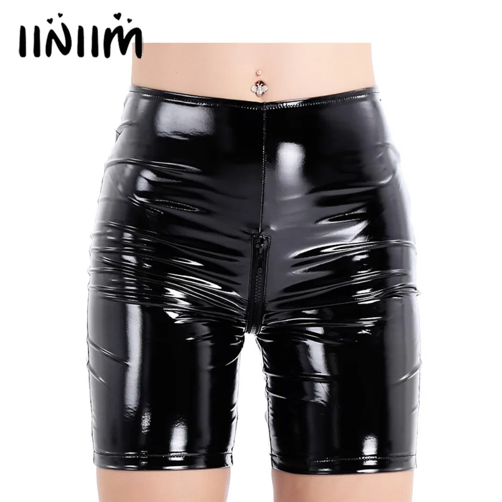 Женские кожаные облегающие шорты Wetlook Клубные на молнии с открытой промежностью