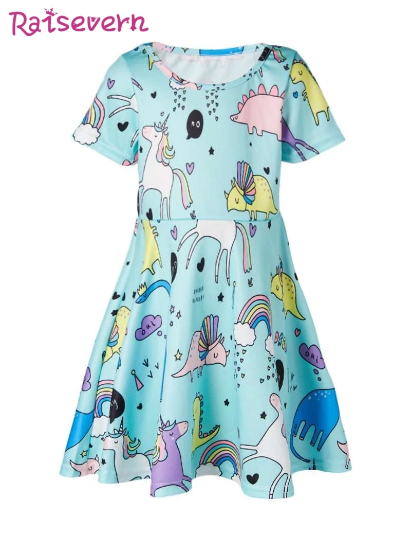 

Cartoon Dinosaur Print Kids Dress For Girls Funny Unicorn Animal Pattern Girls Summer Dress Casual Party Dress For Teen Children
