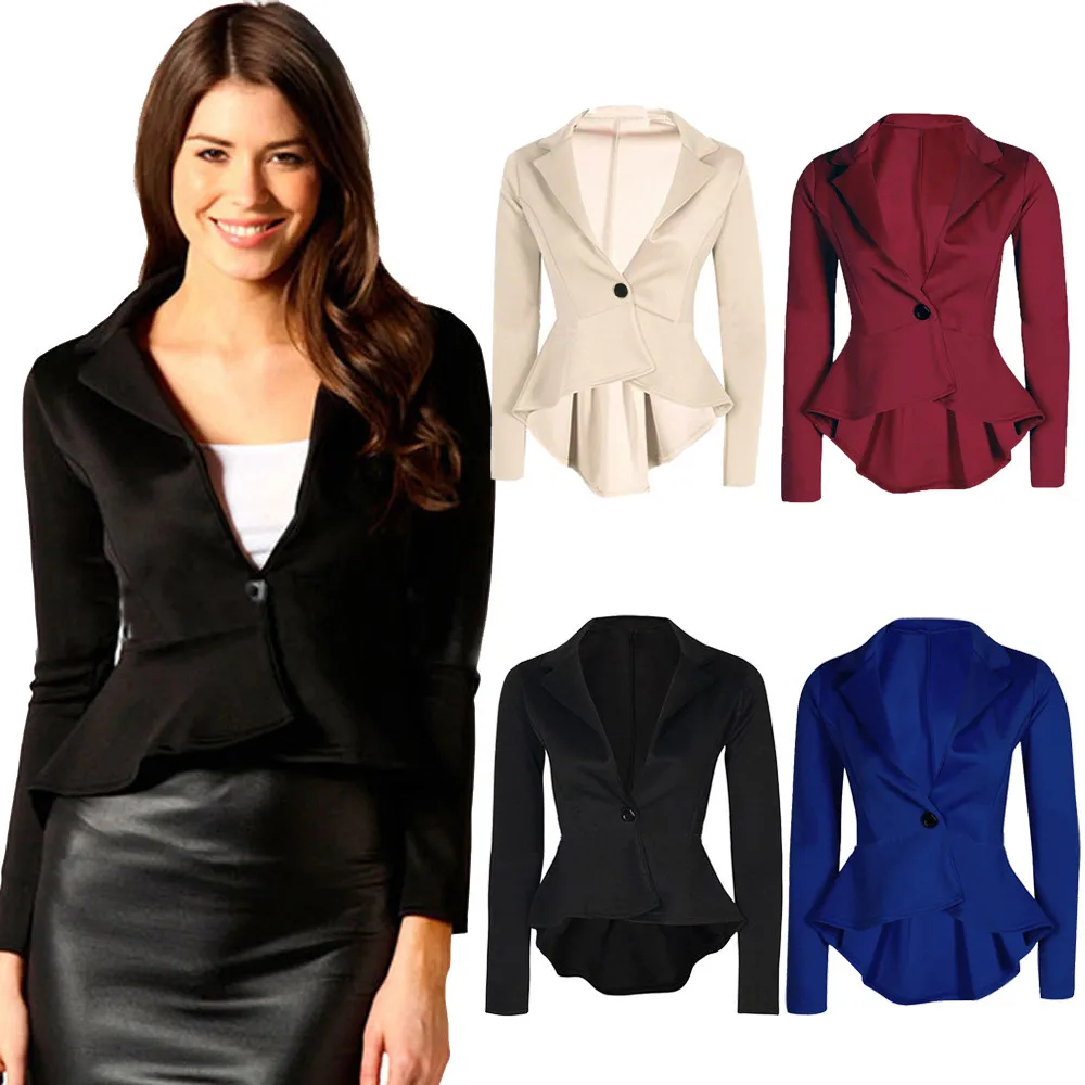 

Stylish Bar Peplum OL Blazer Chamsgend Newly Design Women Turn Down Collar Long Sleeve Frill Single Button Slim Formal Suit Coat