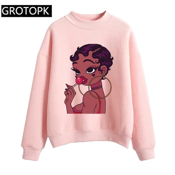 

New Cool Funny Black Girl Melanin Poppin Queen Print Pink Harajuku Sweatshirt Women Creative Female Hoodies Fashion Hoody Ladies