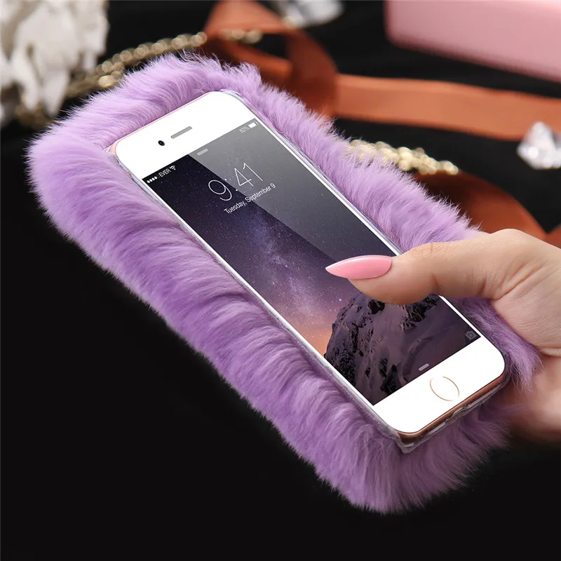 Seonstai для iPhone 7 пушистый теплый мягкий шерстяной чехол из кроличьего меха 6 Plus 6S