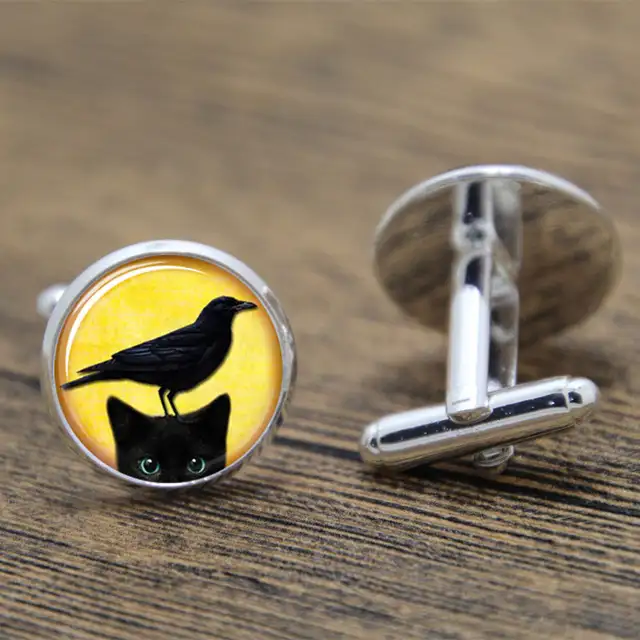 213 39 De Réductionun Chat Noir Et Corbeau Mignon Halloween Bijoux Noir Corbeau Pendentif Collier Porte Clés Signet Bouton De Manchette Boucle