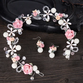 

Bride Hair Jewelry Crystal Pink Ceramics Flower Wedding Headband tiara Women Pearl Hairband Wedding Hair Accessories FD062