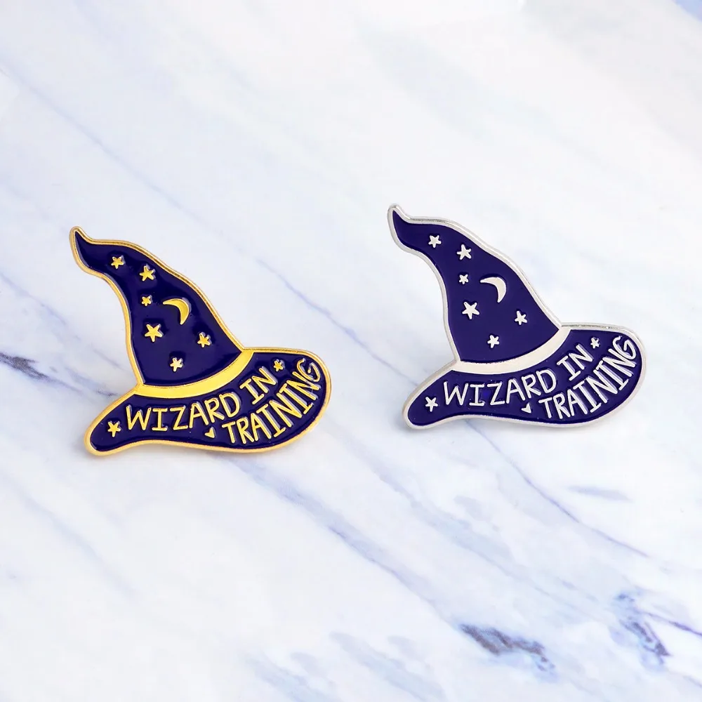 

Wizard in training Personality Witch Magic Wizard Hat Brooch Star Moon Enamel Pin Denim Jacket Jewelry Gifts for Children Friend
